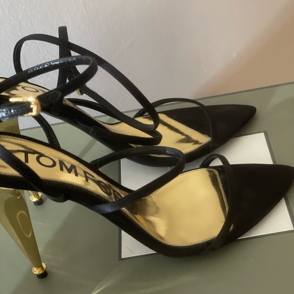 COPY - Black satin ankle strap with gold heel - Picture 12 of 12